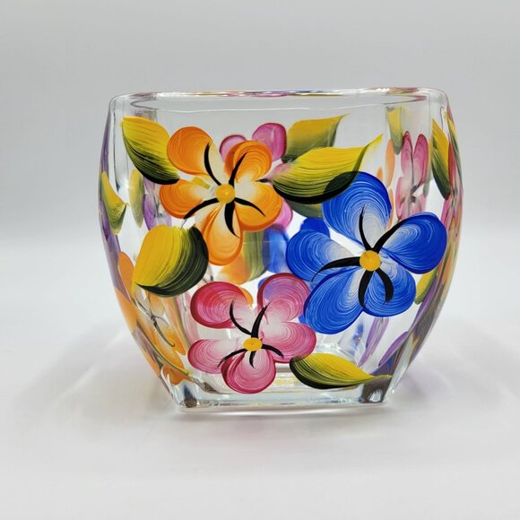 Hand-Painted Floral Clear Glass Planter Vase 5" Square Decorative Centerpiece - Picture 6 of 10